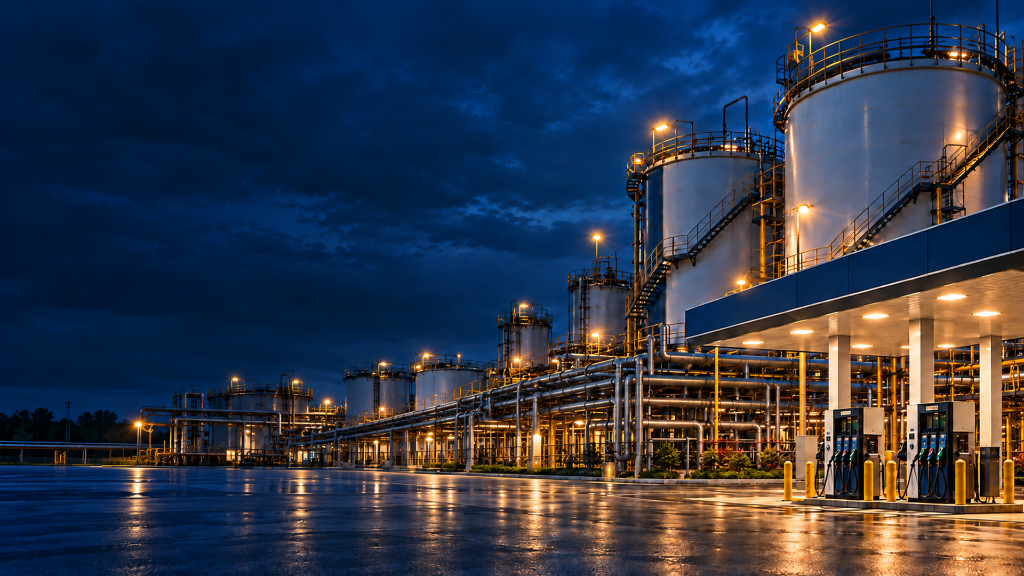 Planta industrial con tanques de almacenamiento y estación de servicio al atardecer